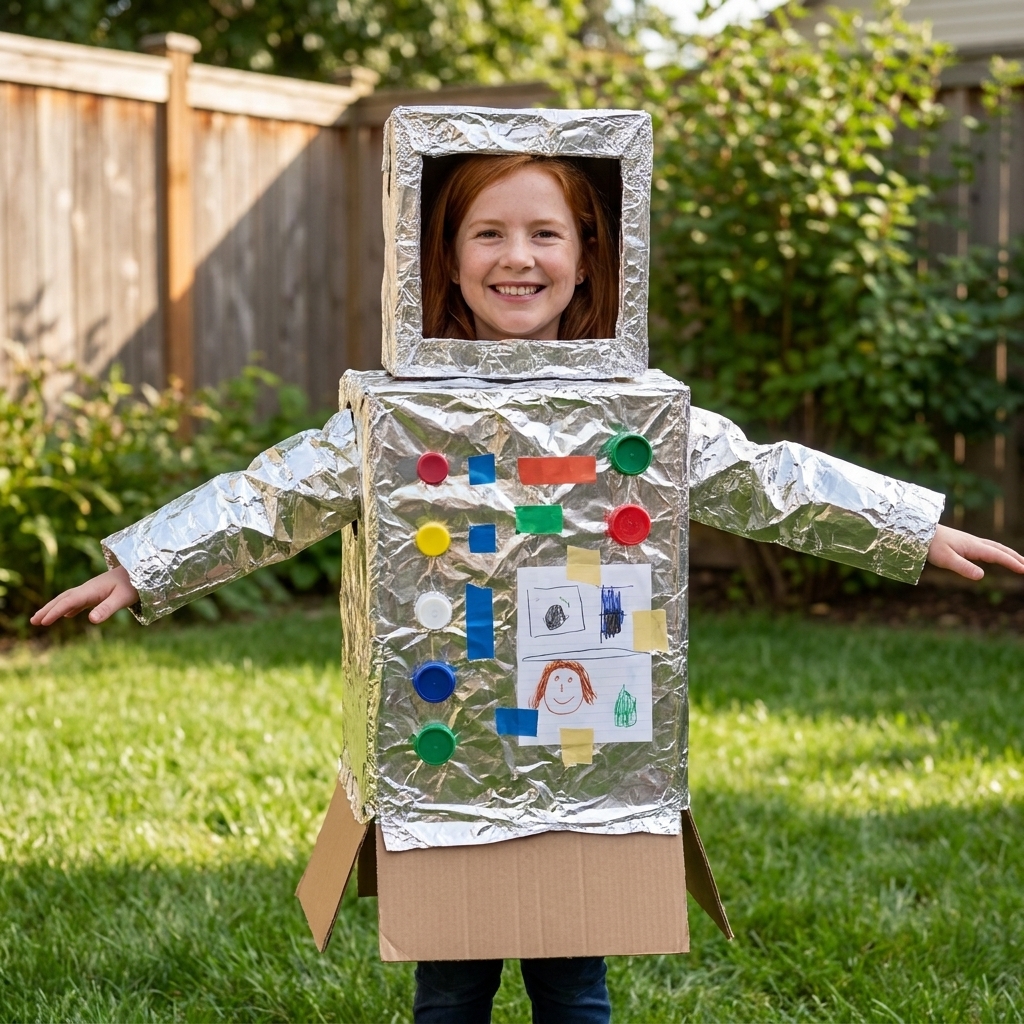 A 6-year-old wearing a cardboard box robot costume with taped-on buttons and aluminum foil details, standing in a backyard with arms out