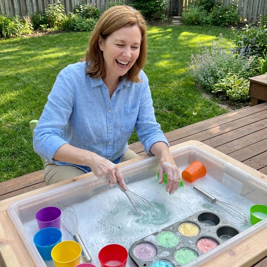 A backyard sensory bin with soapy water and foam, surrounded by plastic cups, whisks, and a muffin tin filled with bubbly mixtures