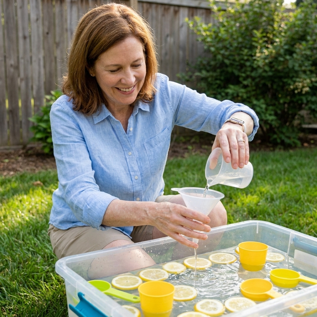 A backyard sensory tub filled with water, lemon slices, and plastic cups with a small pitcher and funnel ready for pouring play