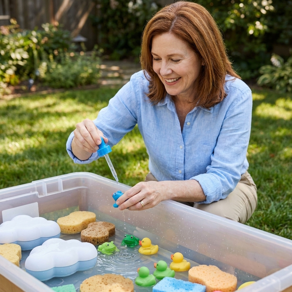 A backyard sensory tub with water, sponges, droppers, and small toy animals set up for a rainstorm themed activity