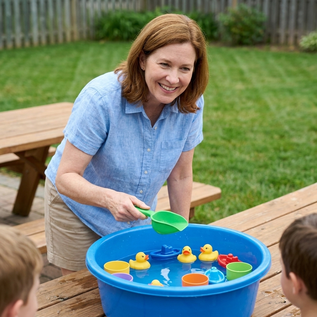 A backyard table set up with a large plastic tub filled with water, scoops, cups, and floating toys for sensory play