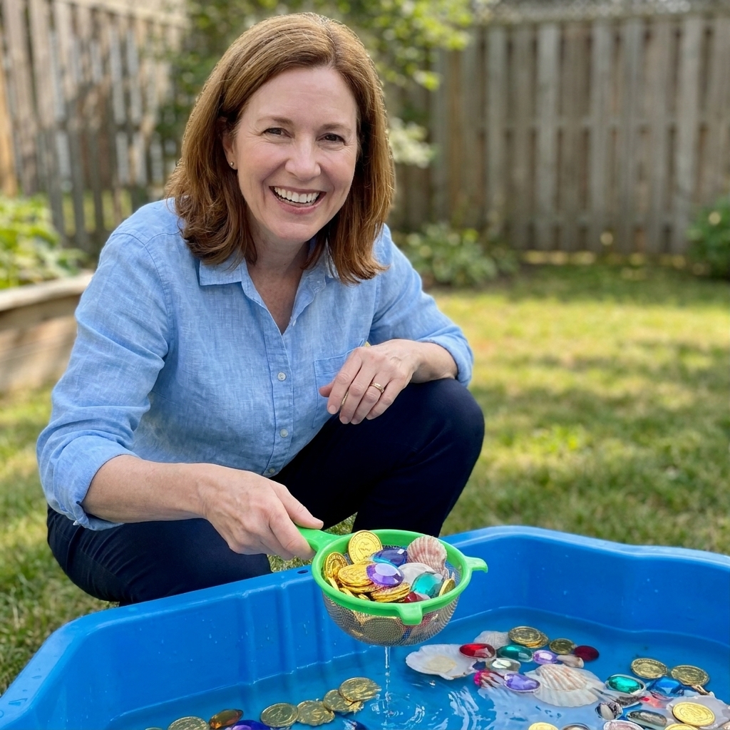 A backyard water sensory bin with plastic coins, colorful large gems, shells, and a small strainer for pirate treasure washing play