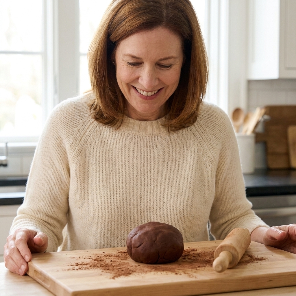 A ball of cocoa-scented brown playdough on a wooden cutting board with a small rolling pin nearby
