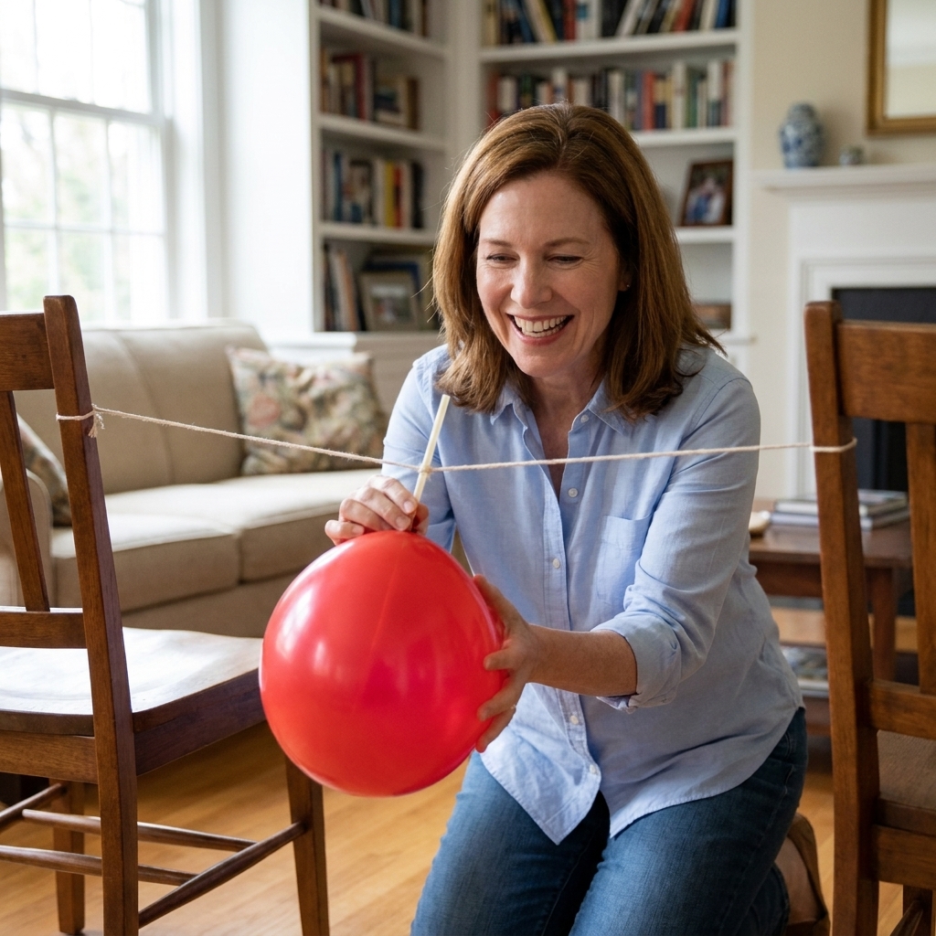 A balloon taped to a straw on a taut string track between two chairs, ready to launch across a living room