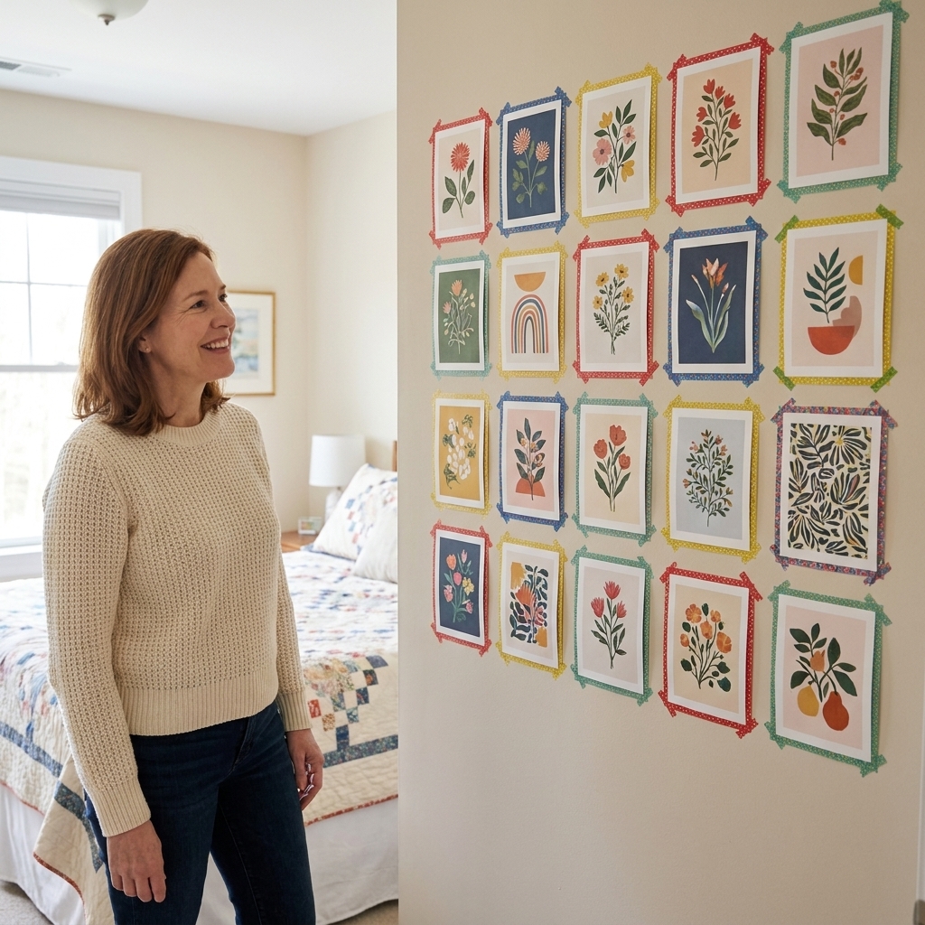 A bedroom wall with a grid of small art prints outlined using colorful washi tape instead of frames