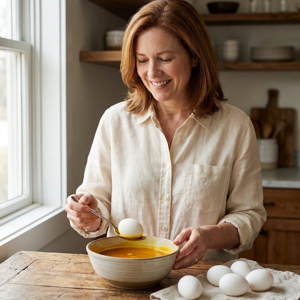 A bowl of golden turmeric dye on a counter with a spoon and a few white eggs ready to be dipped