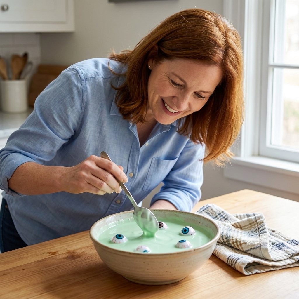 A bowl of pale green oobleck with plastic eyeballs half-submerged, with a spoon and towel nearby on a kitchen table