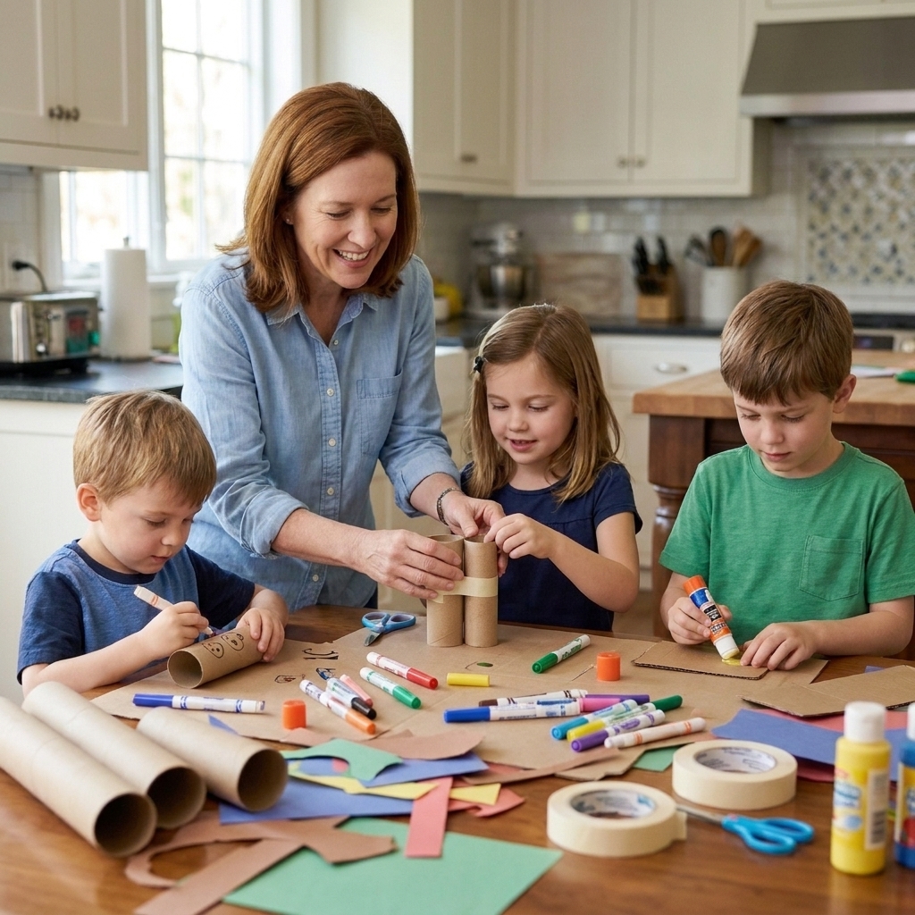 A busy kitchen table with three children making a cardboard craft using paper towel tubes, markers, glue, and tape while an adult helps