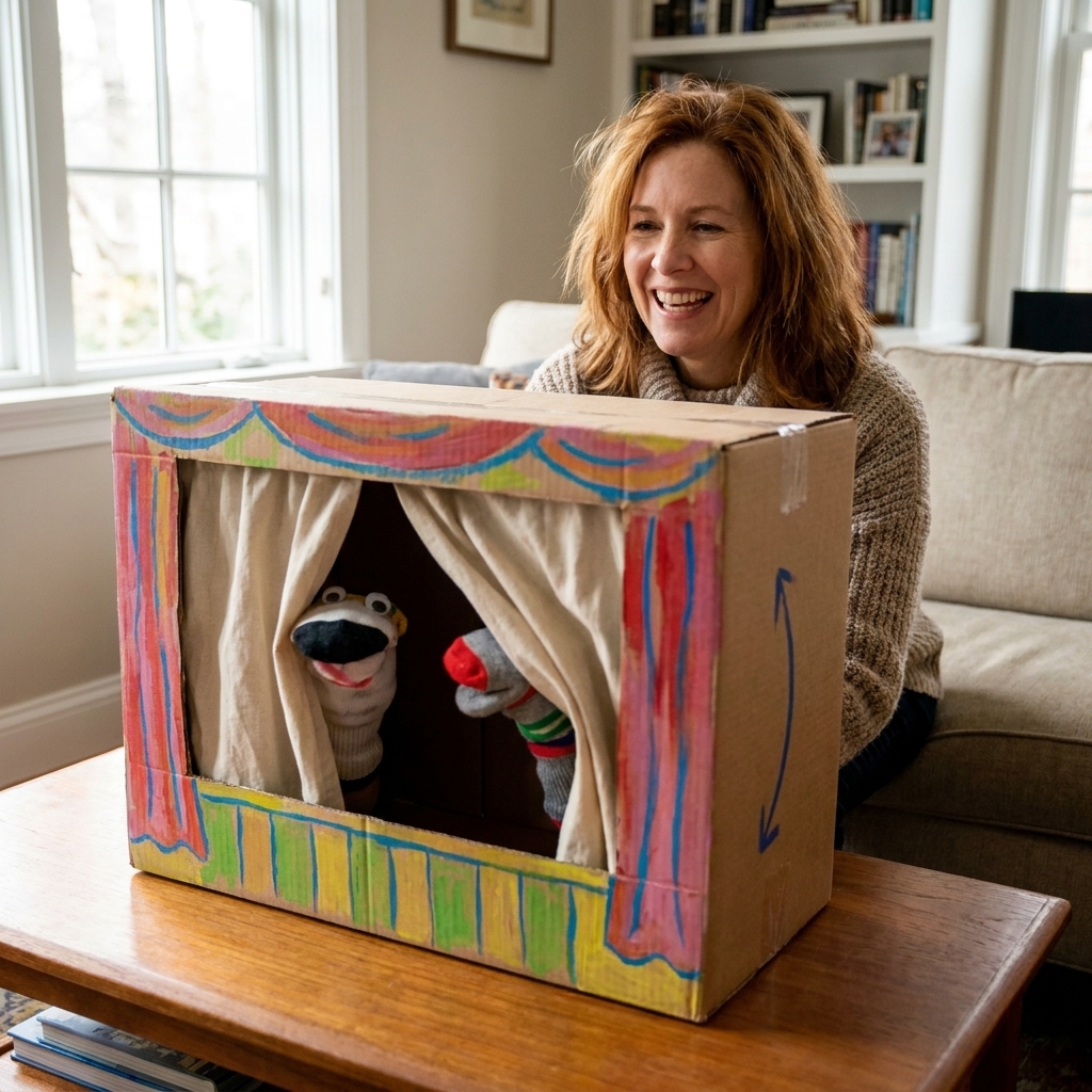 A cardboard box puppet theater with a large stage window and a fabric curtain, set on a coffee table