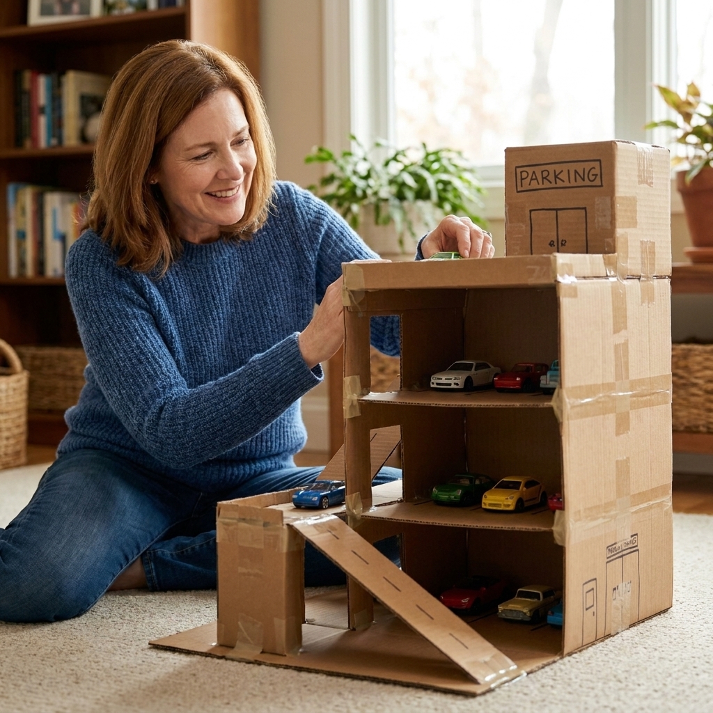 A cardboard box toy parking garage with multiple levels and a ramp, with small toy cars parked inside