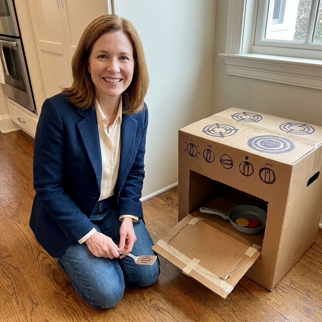 A cardboard box turned into a pretend oven with drawn knobs and an opening door, sitting on a kitchen floor