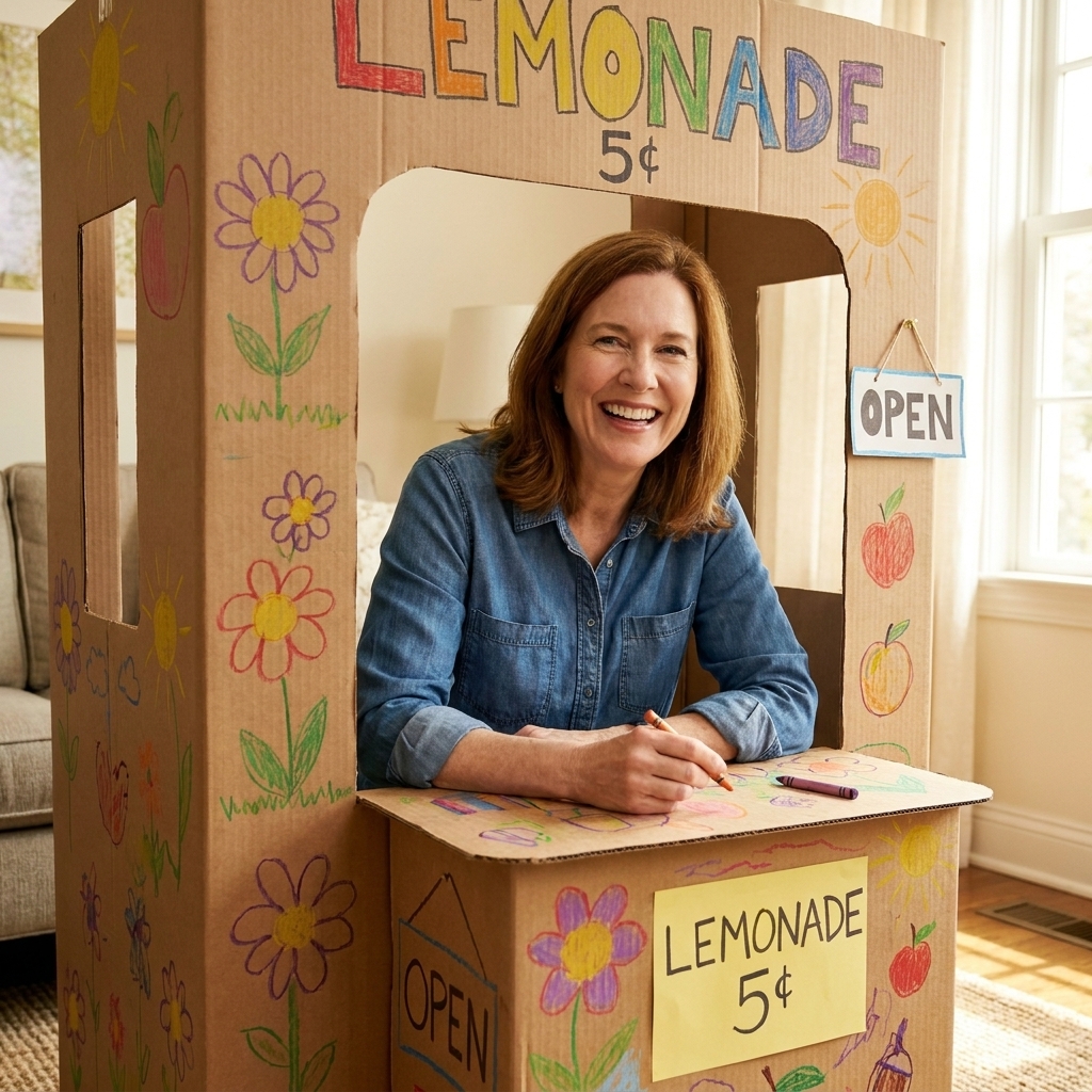 A cardboard box turned into a pretend play shop with a large cut-out window and a small counter, decorated with crayons