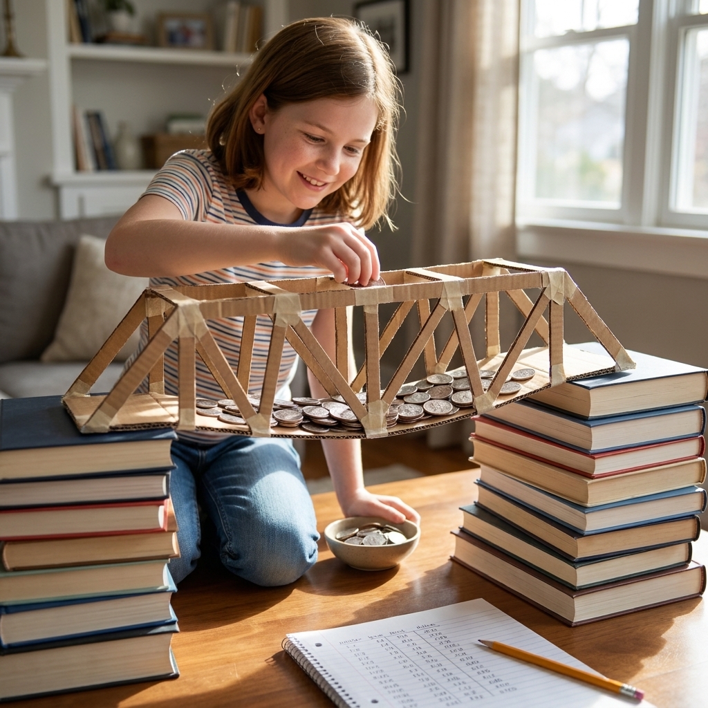 A cardboard bridge spanning two stacks of books while a child adds coins to test how much weight it can hold