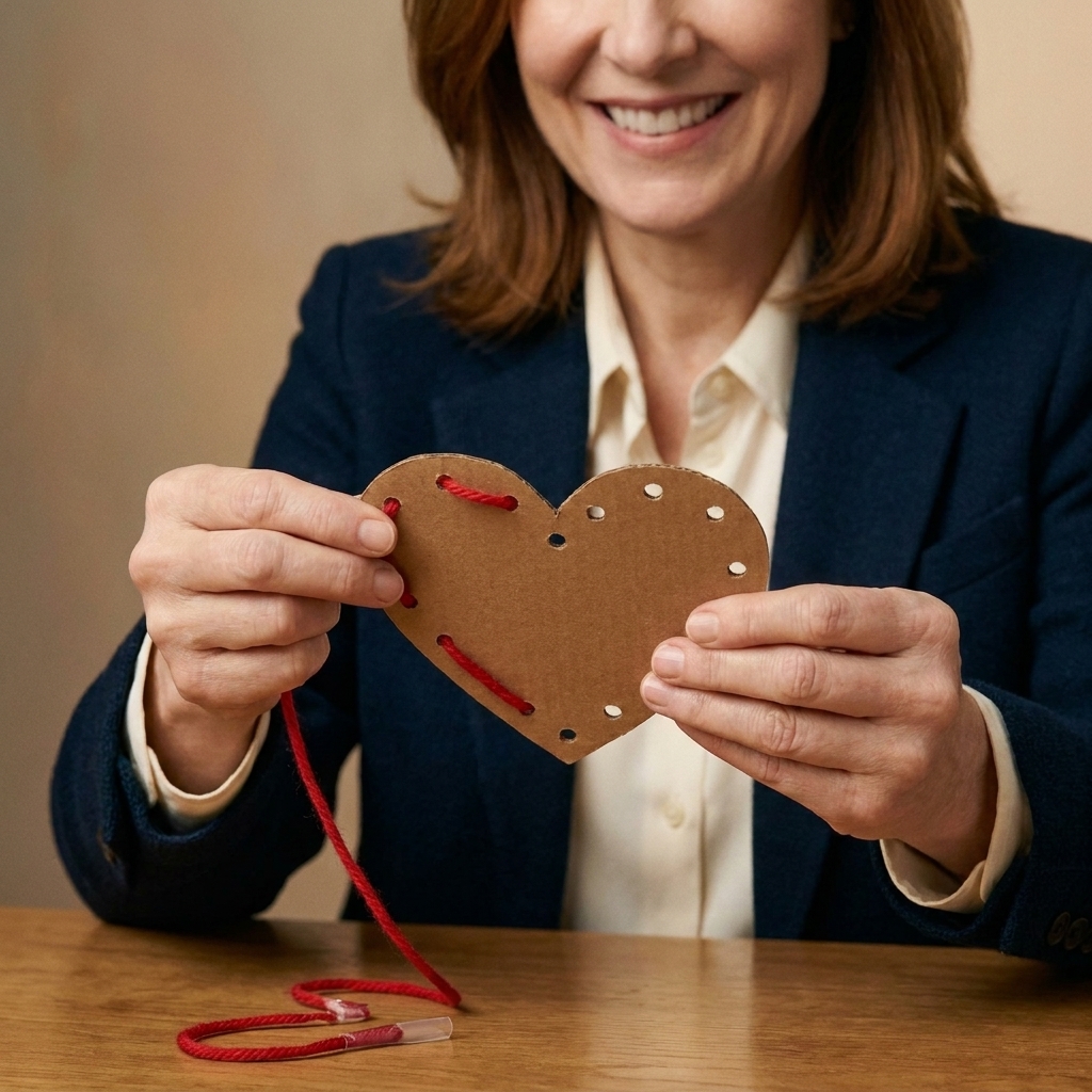 A cardboard heart lacing card with punched holes and a taped yarn tip ready for a child to thread