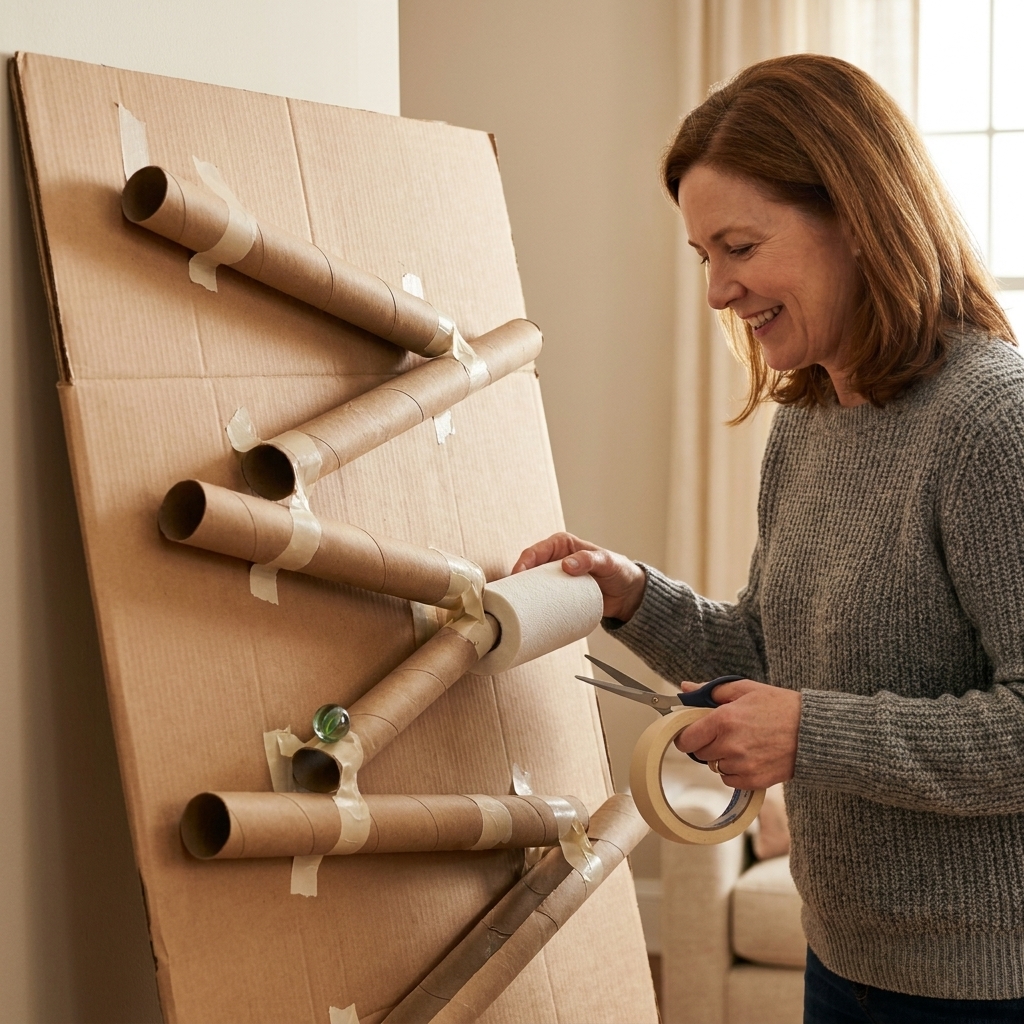 A cardboard marble run made with taped paper towel roll channels zigzagging down a flattened cardboard box