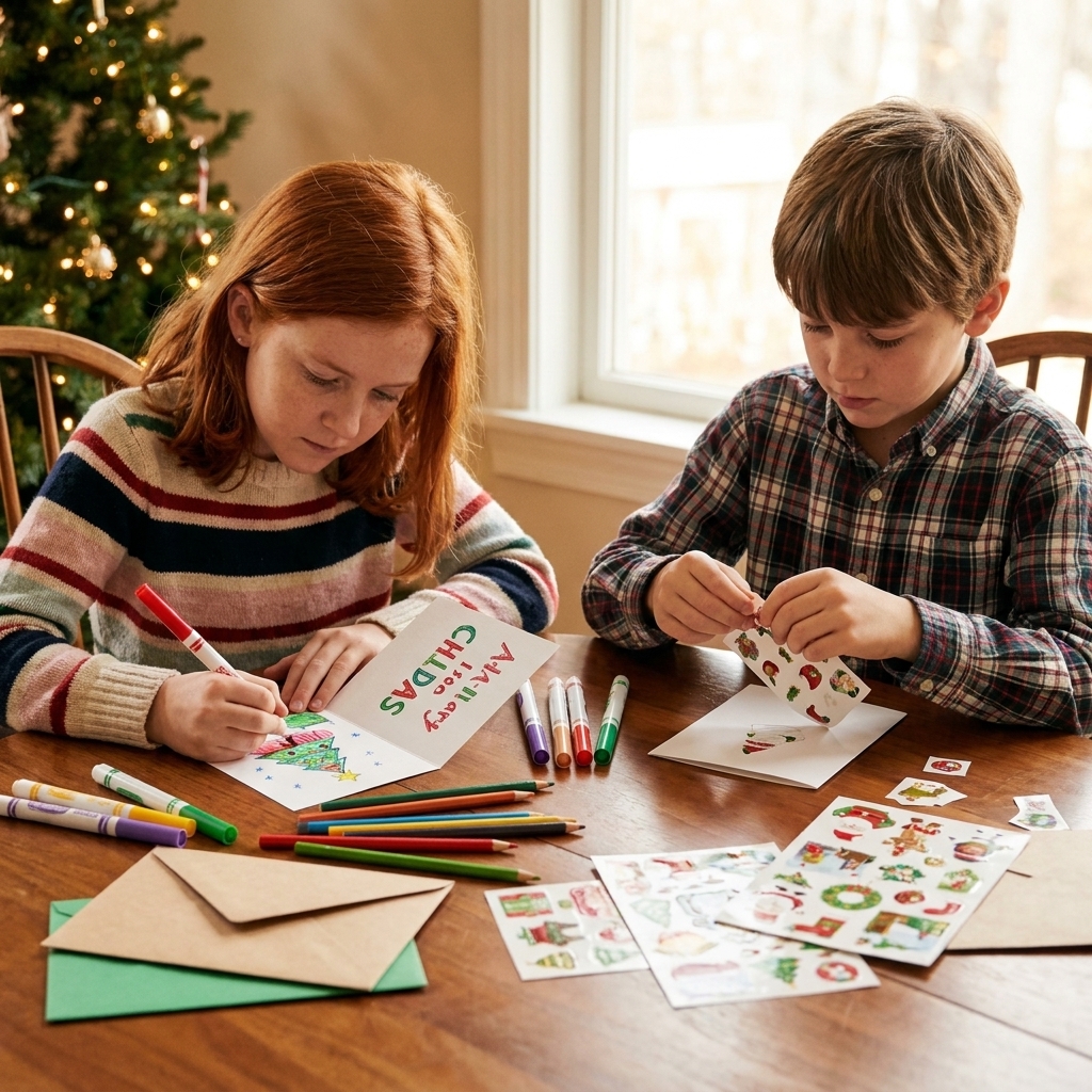 A child coloring a homemade holiday card with markers while another child adds stickers to a different card at the same table