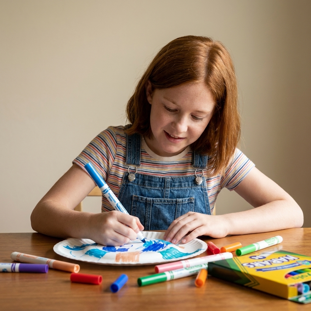 A child coloring with washable markers at a table, marker caps nearby, and a simple craft paper project in progress