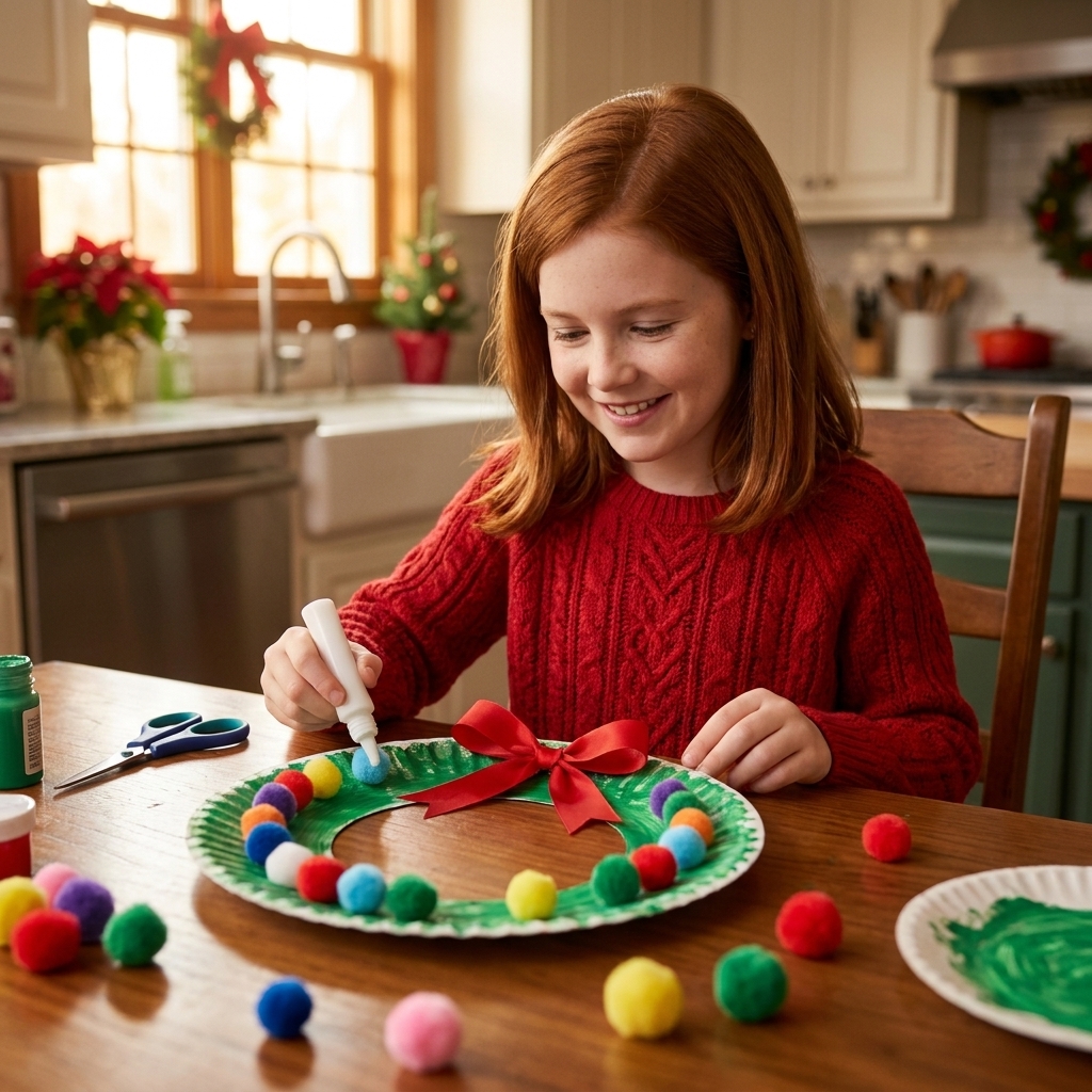 A child decorating a green-painted paper plate wreath with pom poms and a red ribbon on a kitchen table