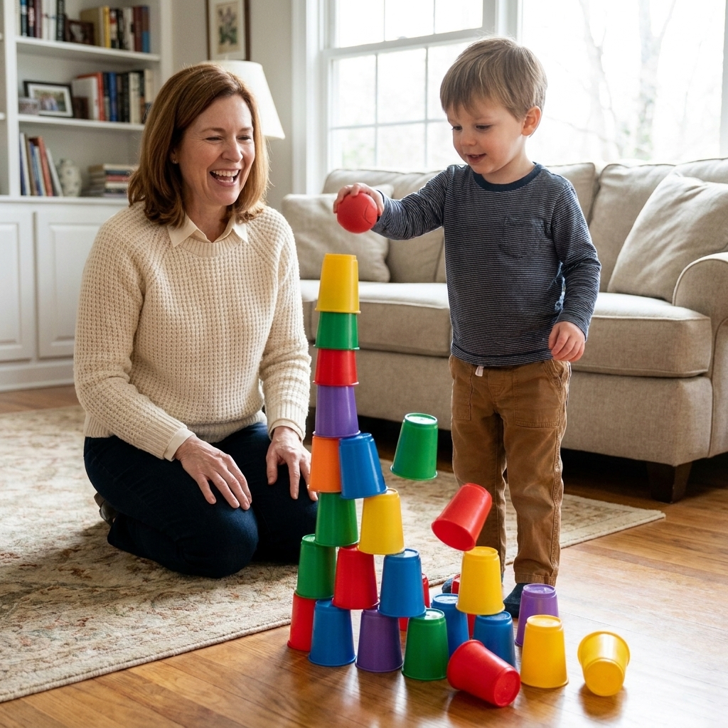 A child dropping a small ball onto a tall tower of stacked plastic cups in a living room