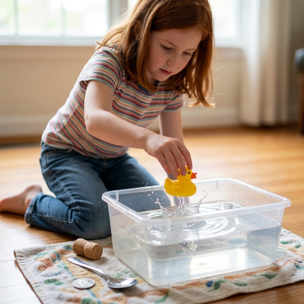 A child dropping a small toy into a clear plastic water bin while various test objects like a cork, coin, and spoon sit on a towel beside it