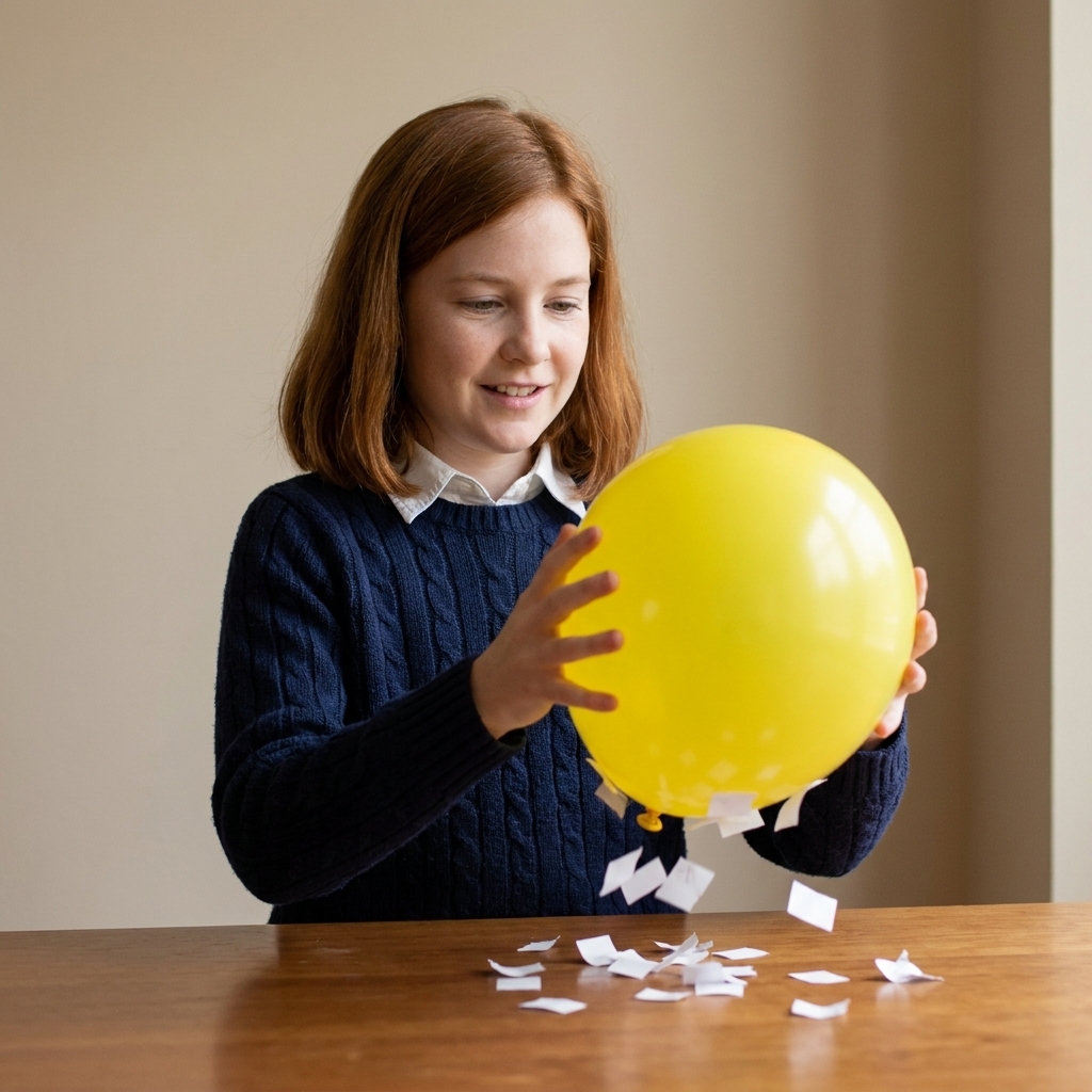 A child holding a balloon near tiny pieces of paper on a table as the paper lifts up toward the balloon
