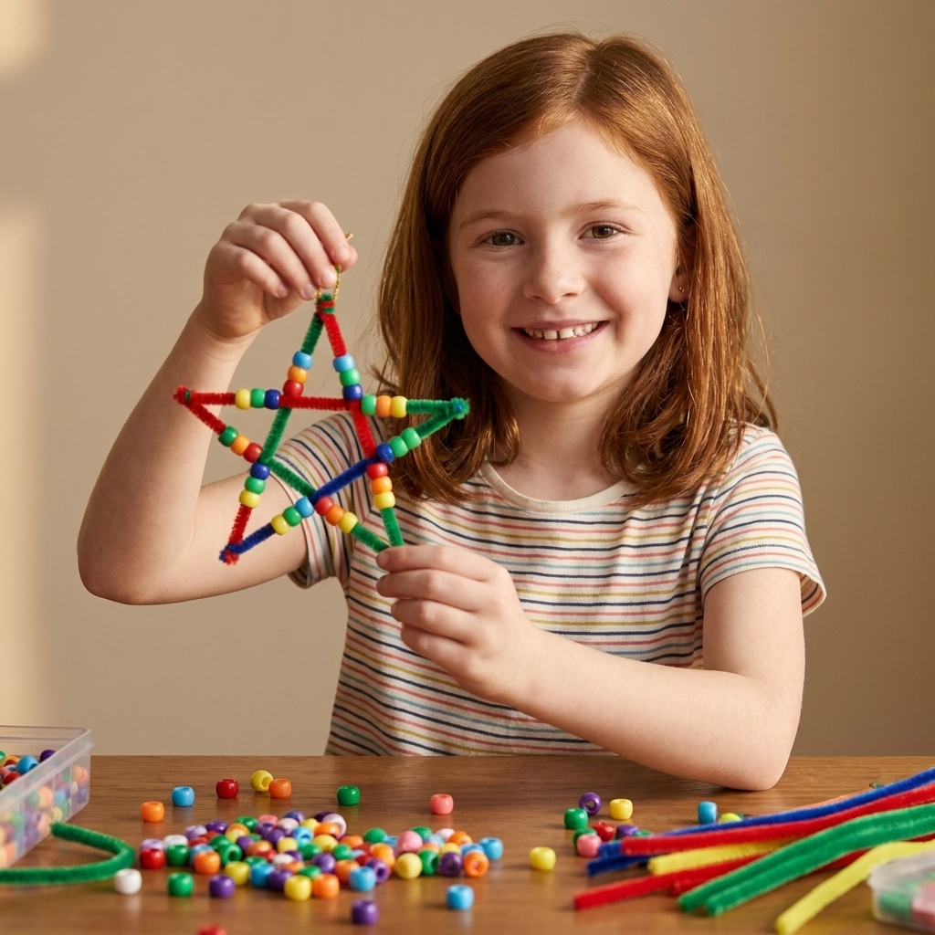A child holding a colorful beaded star ornament made from pipe cleaners over a tabletop with scattered pony beads