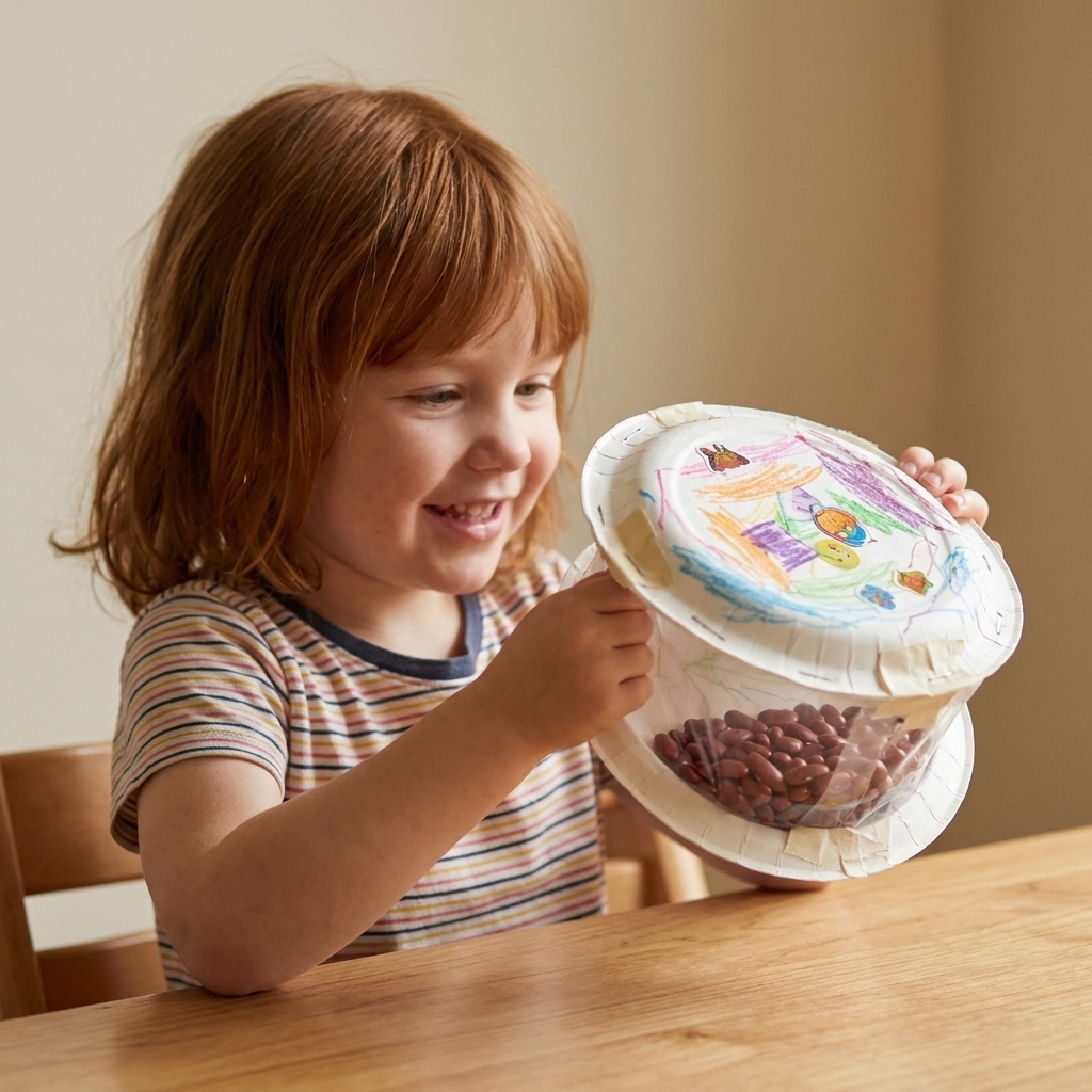 A child holding a decorated paper plate shaker sealed around the rim and filled with dry beans on a kitchen table