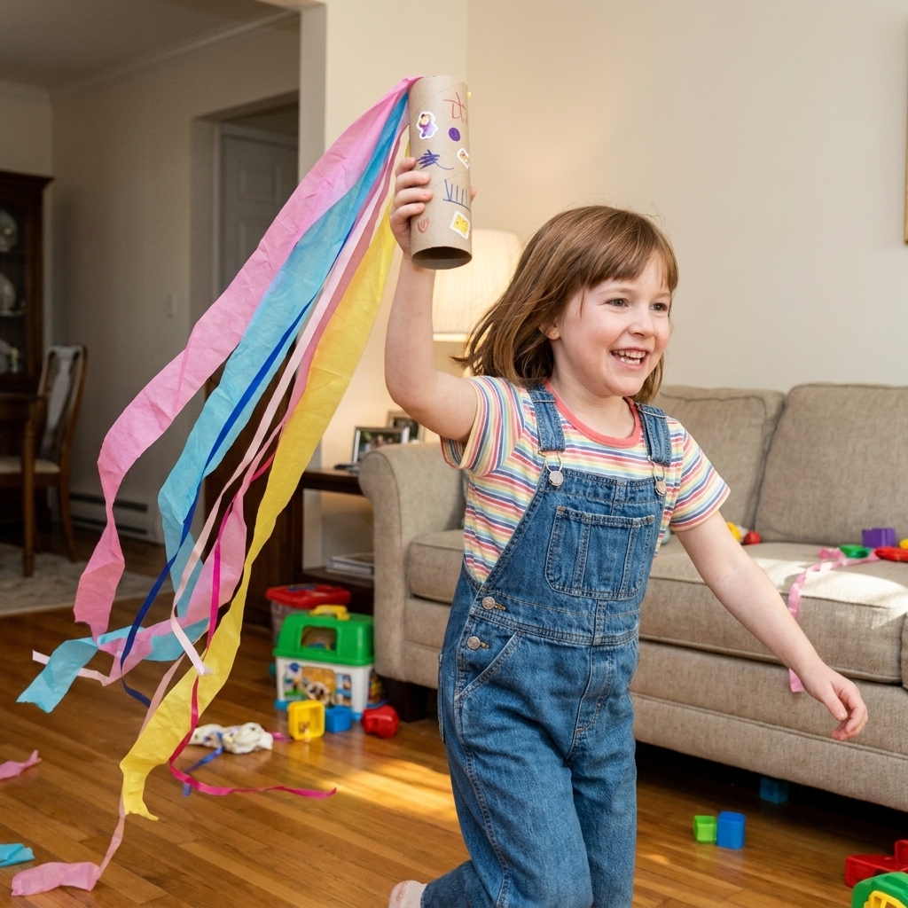 A child holding a decorated toilet paper roll with colorful ribbon and tissue paper streamers taped to one end, running indoors during pretend play