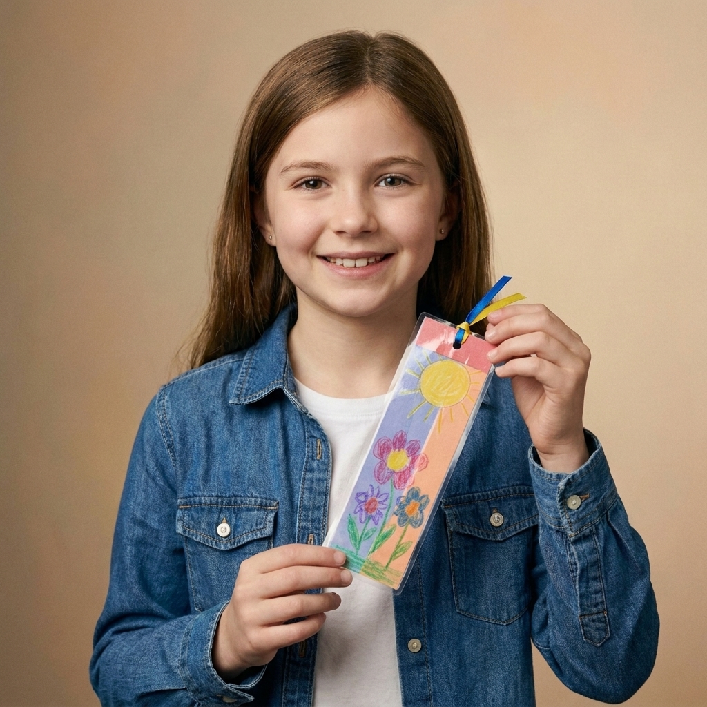 A child holding a finished handmade bookmark covered in clear packing tape with a small ribbon tassel