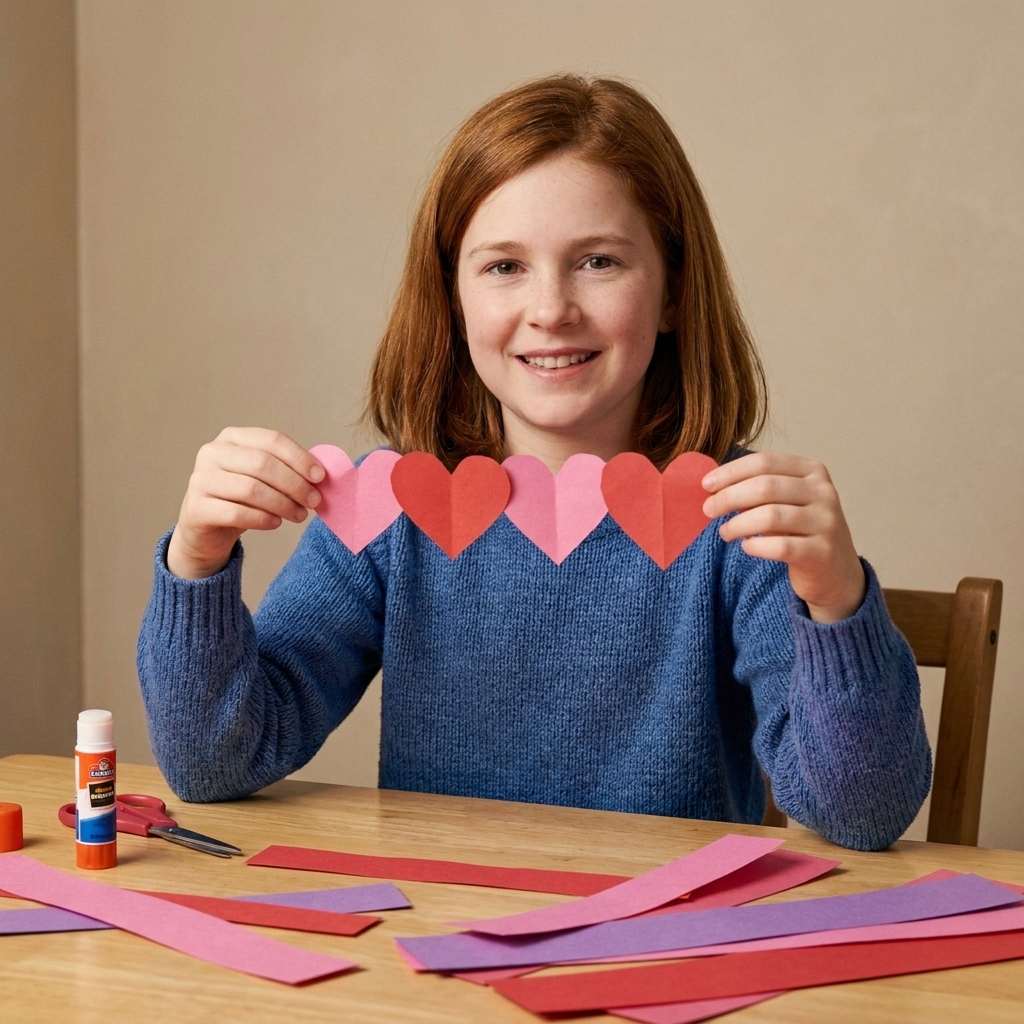 A child holding a short chain of paper hearts made from construction paper strips while sitting at a craft table with extra strips nearby