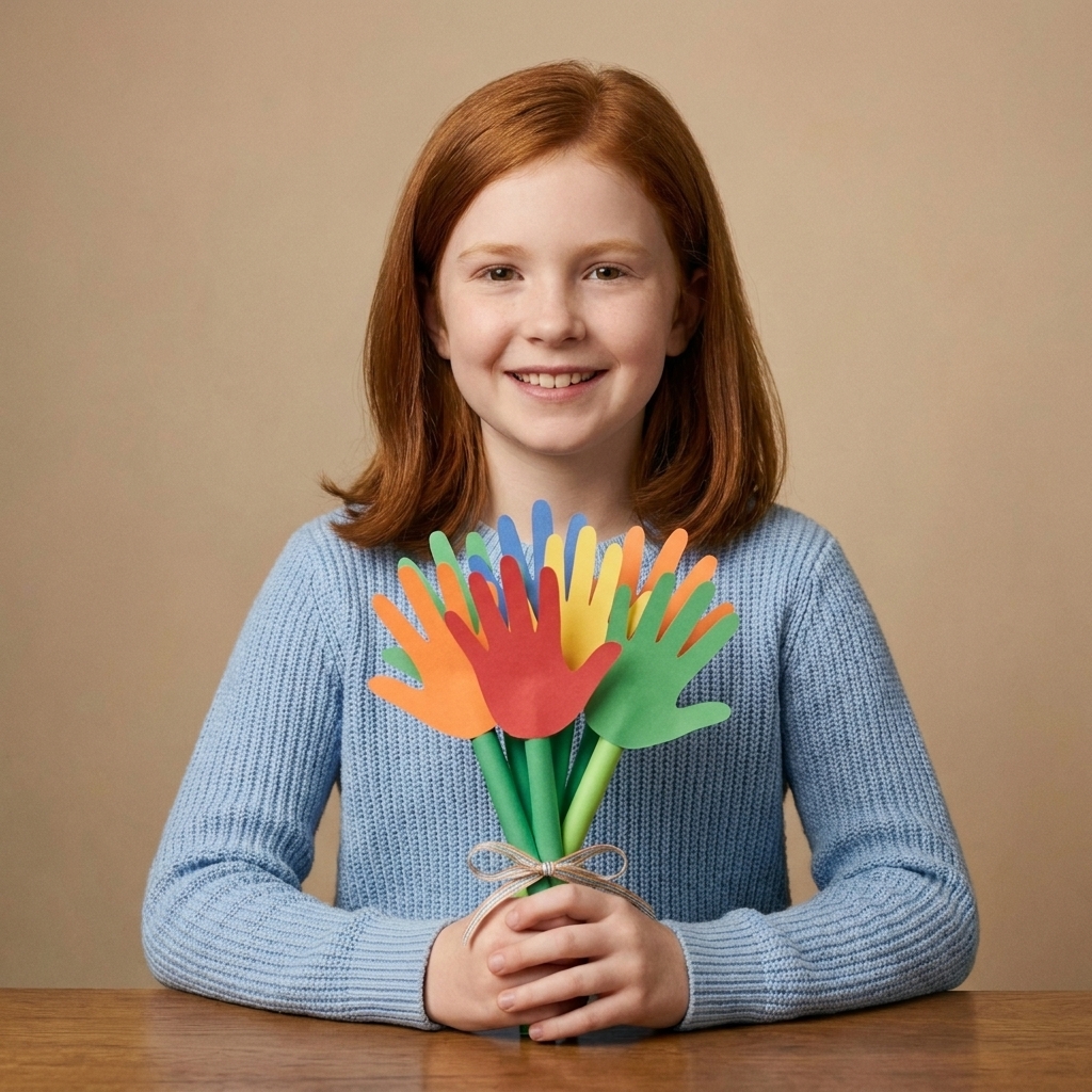 A child holding a small bouquet made from colorful handprint cutouts attached to green paper stems, sitting at a table