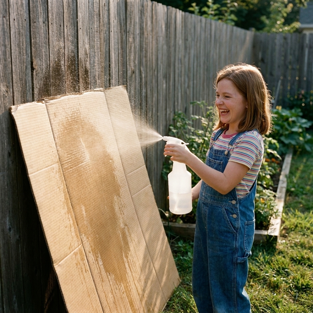 A child holding a spray bottle and misting water onto a large piece of cardboard propped against a backyard fence