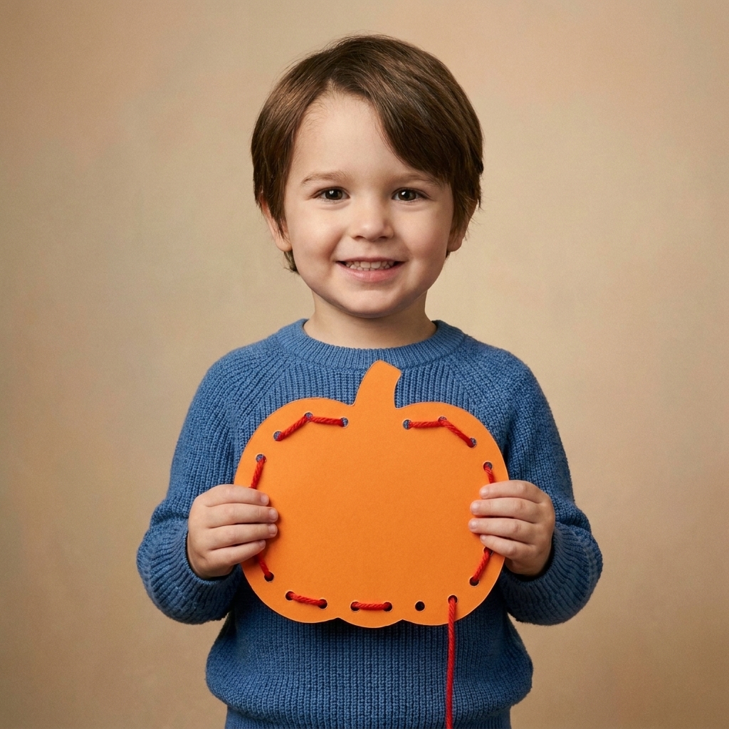 A child holding an orange pumpkin-shaped cardboard lacing card with red yarn threaded through the punched holes