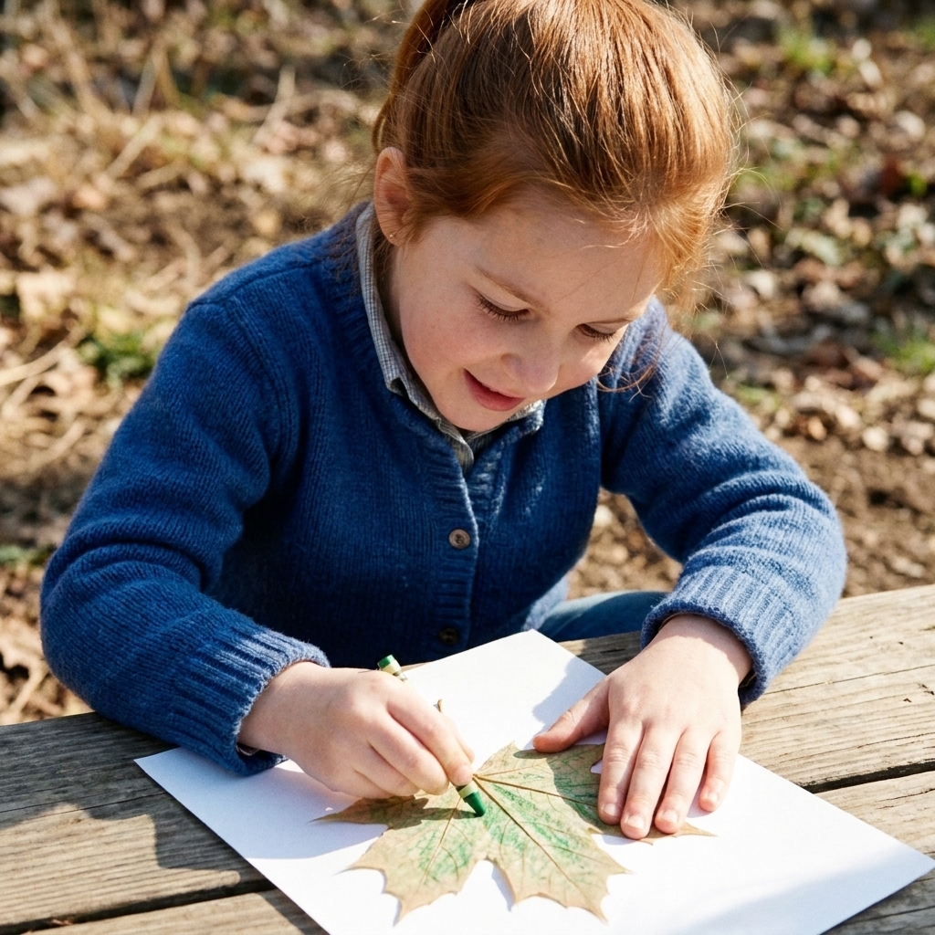 A child holding paper on top of a leaf while rubbing a green crayon sideways to reveal the leaf veins