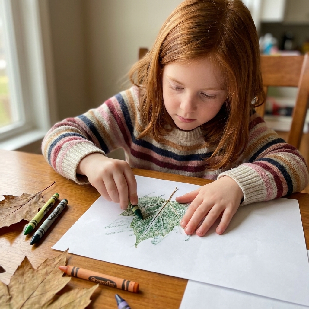 A child holding paper steady while rubbing a crayon over a leaf underneath, revealing the leaf veins on a tabletop