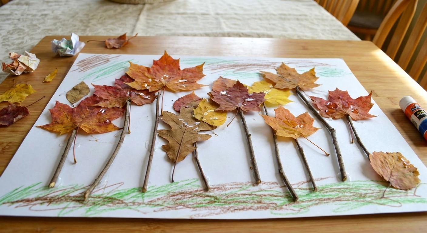 A child-made fall forest collage on white paper with real leaves as tree canopies and thin twigs as trunks, resting on a tabletop