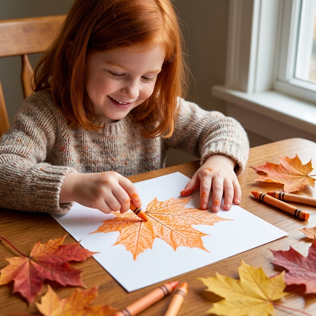 A child making a leaf rubbing with a peeled orange crayon on white paper, with real autumn leaves nearby