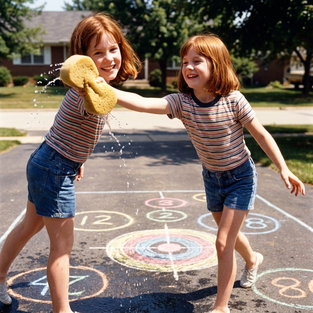 A child mid-throw tossing a wet sponge toward chalk targets drawn on a sunny driveway