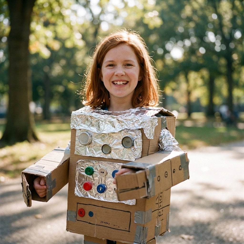 A child outdoors wearing a homemade cardboard robot costume with foil details and colorful painted buttons