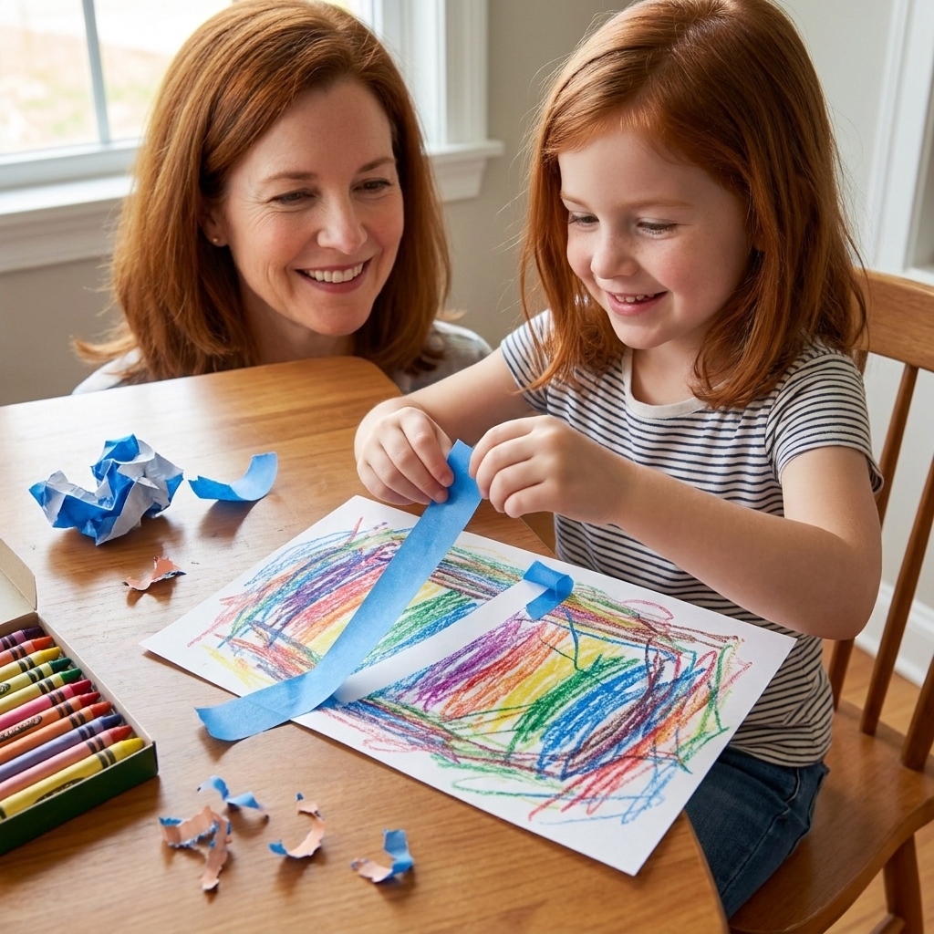A child peeling masking tape off a sheet of paper to reveal clean white lines under colorful crayon scribbles on a table
