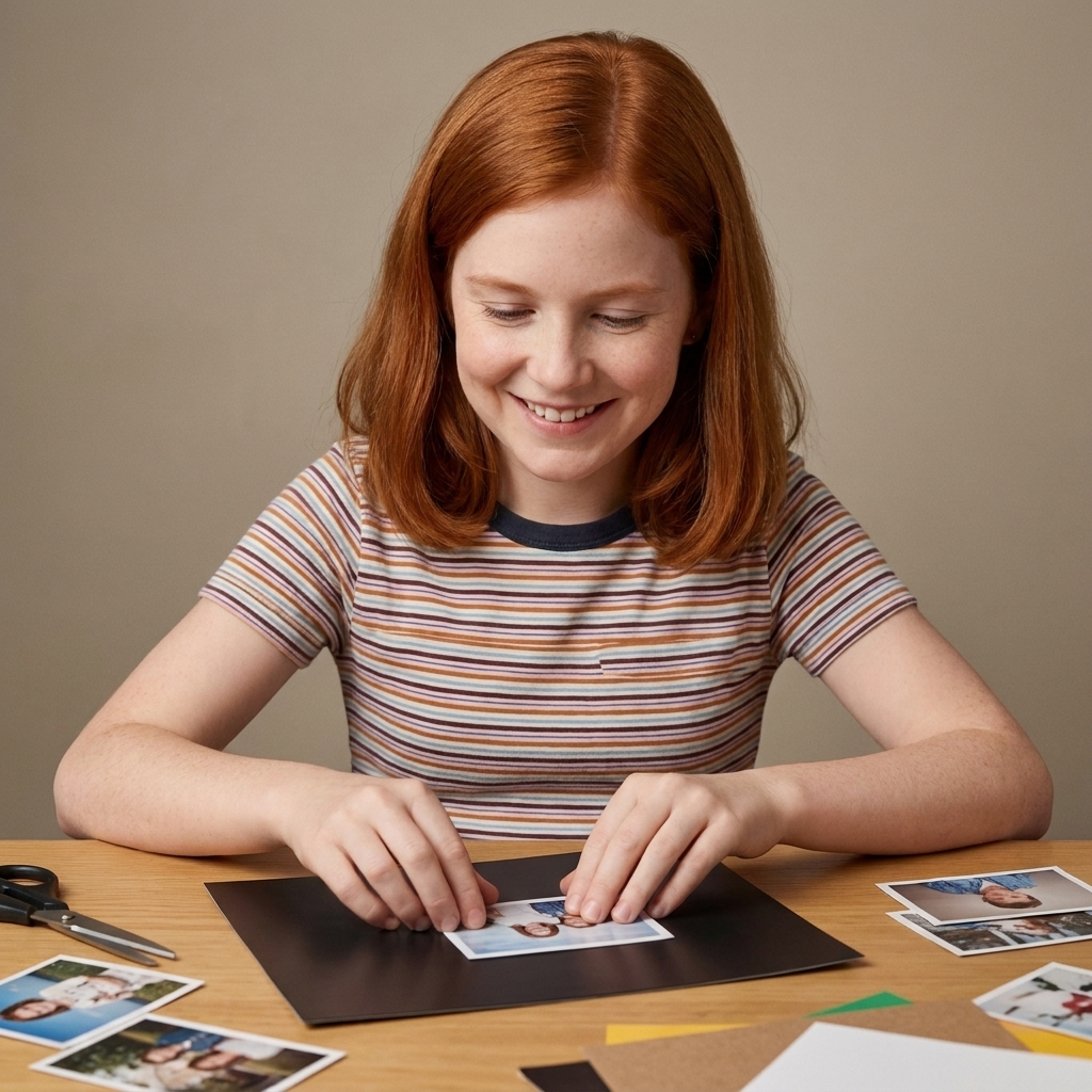 A child placing a small printed photo onto a self-adhesive magnetic sheet on a tabletop