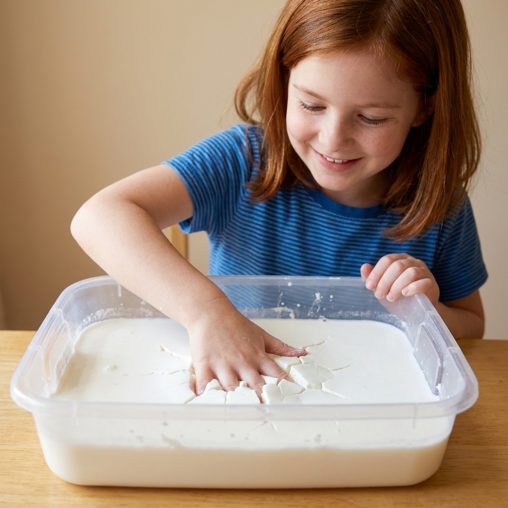 A child pressing a hand into a white cornstarch and water mixture in a plastic sensory bin, with the mixture looking solid around the fingers
