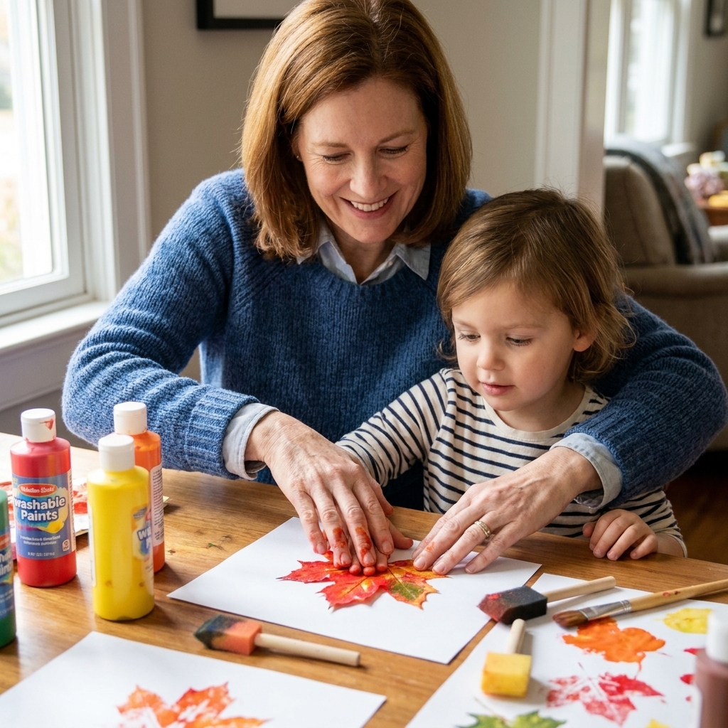 A child pressing a paint-covered autumn leaf onto paper at a craft table with washable paints