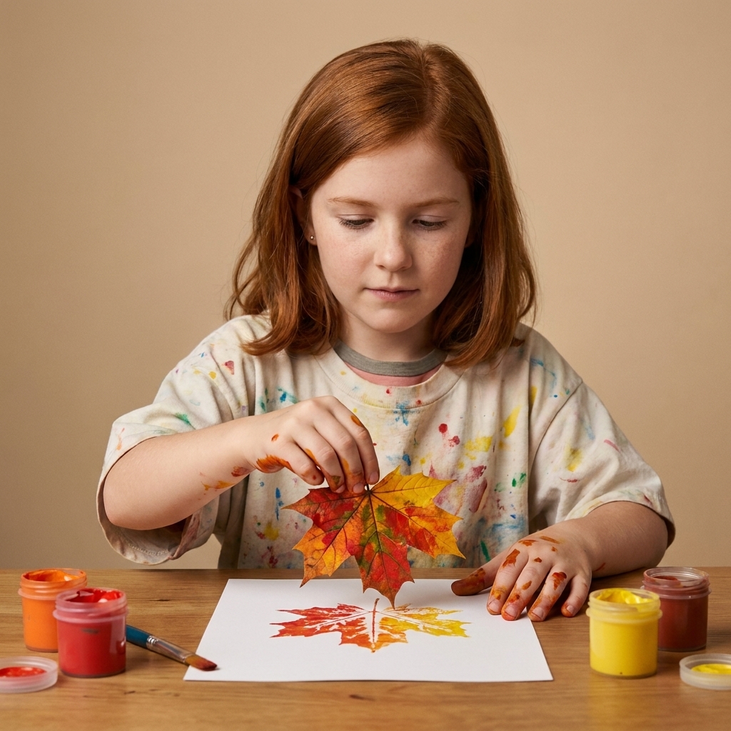 A child pressing a paint-covered-leaf onto white paper to make a clear leaf print, with small paint pots nearby