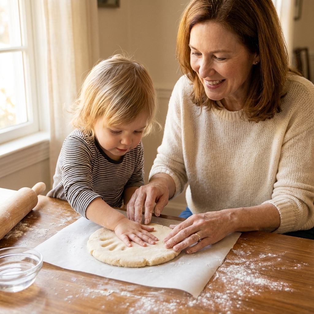 A child pressing a small hand into pale salt dough on a parchment-lined table while an adult steadies the dough