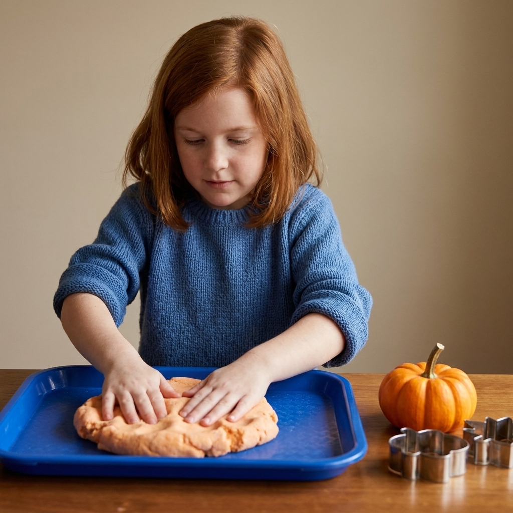 A child pressing hands into orange-tinted cloud dough in a tray with a mini pumpkin and small cookie cutters nearby