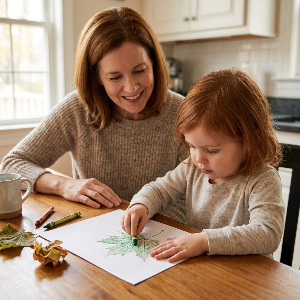 A child rubbing a green crayon over white paper placed on top of a maple leaf, revealing the leaf veins on a kitchen table