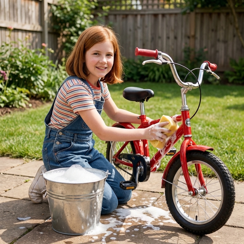 A child scrubbing a small bicycle with a sponge next to a bucket of sudsy water in a backyard