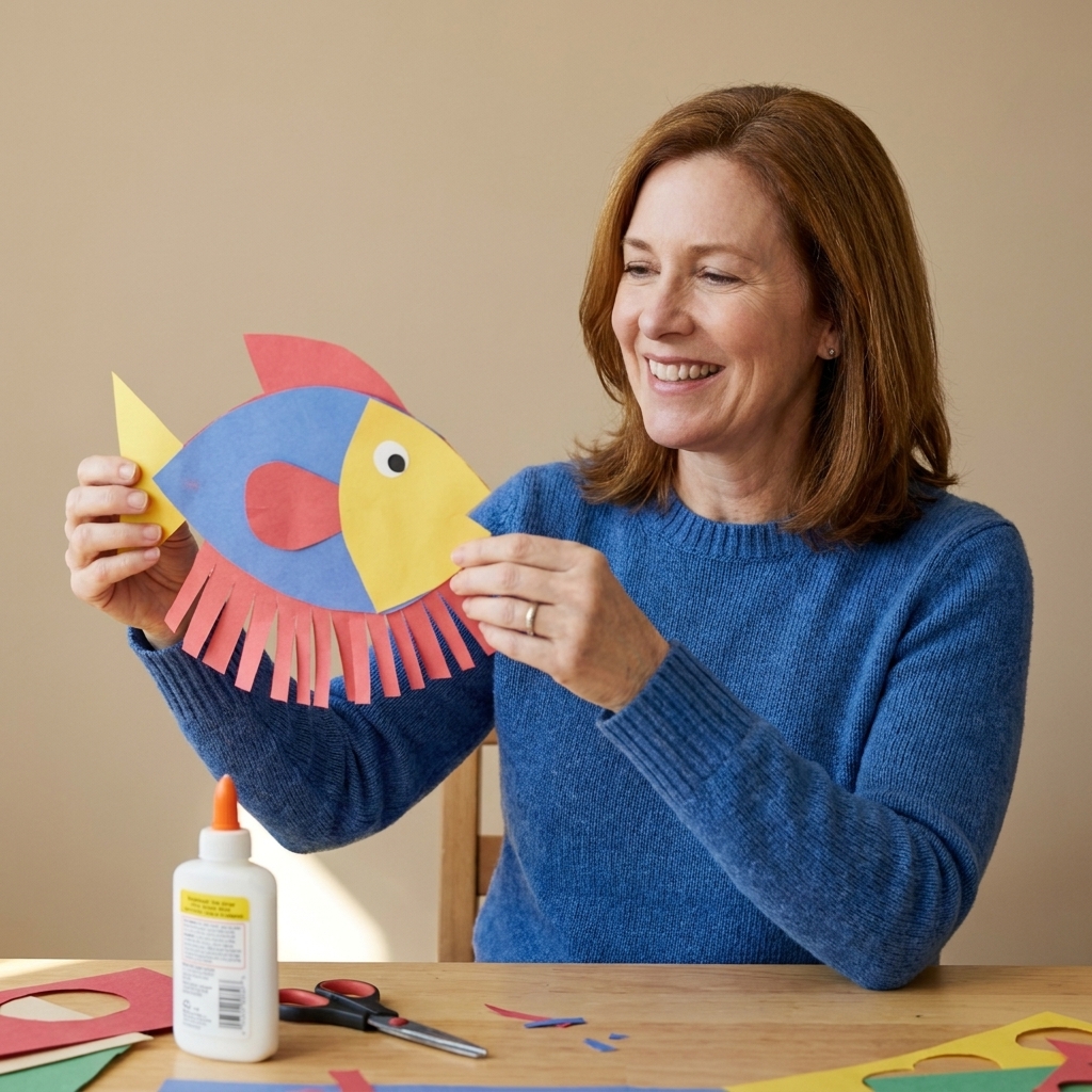 A child-sized paper fish craft made from colorful construction paper with snipped fringe along the bottom edge, sitting on a craft table with glue nearby
