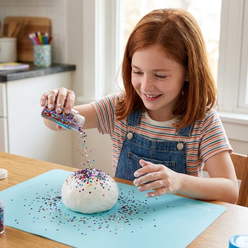 A child sprinkling chunky glitter into a ball of white slime on a washable craft mat